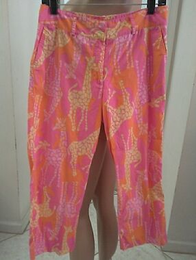 VINTAGE LILLY PULITZER CAPBright Pink & Orange Giraffe Print Cropped Pants SZ. 8